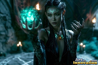 A woman lifts her clawed hand toward a sphere of bright green light