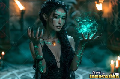 Facing forward in a dark stone chamber, a woman holds green light in her hands