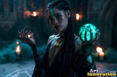 A dark-haired woman in a black dress clasps a bright green sphere near candlelight