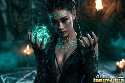 In a dark stone vault, a woman clasps a bright green ball of energy