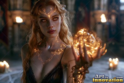 Holding a bright sphere of sparks, a red-haired woman stands by candlelight