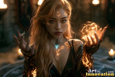 A woman holds bright sparks with light patterns on her skin