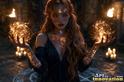 A woman in a low-cut black dress holds bright fireballs inside a candlelit stone hall