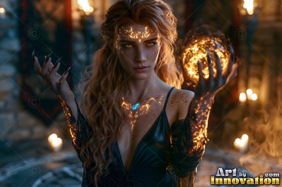A woman holds a ball of fire between her hands in warm golden candlelight