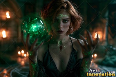 Facing forward, a woman bears a bright green orb inside a dark stone chamber