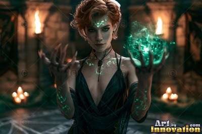 A woman in a dark dress holds a ball of green fire by candlelight