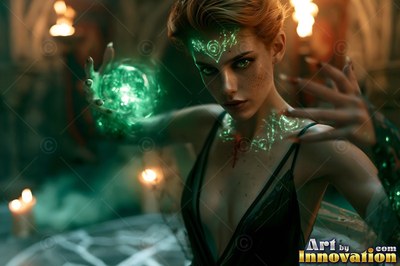 In a rock chamber, a woman with green patterns on her skin holds a bright orb