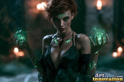 Holding green fire in both hands, a red-haired woman wears a black dress in candlelight