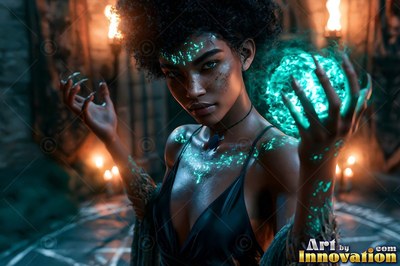 Woman with green markings holds a green ball of fire
