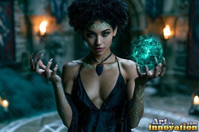 Green markings cover a dark-haired woman in a black dress holding a green ball of light by torches