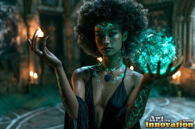 A woman with an afro holds a green ball of light that shines across her dark dress
