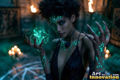 Hands raised, a dark-skinned woman holds green light in a stone chamber
