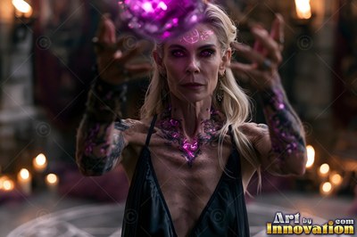 A blonde woman dressed in a black dress holds up her hands to summon purple magic