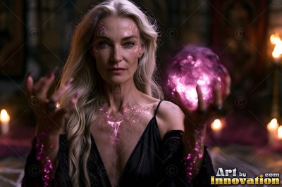 In a dark room with candles, a blond woman cups a pink ball of light
