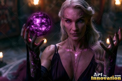 Holding a bright purple orb, a blonde woman raises her hands in a dark room
