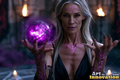A woman with pink markings holds her hands by a purple orb
