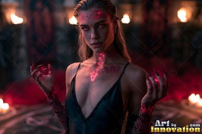 Red marks shine on a woman in a black dress standing in a dark room with fires