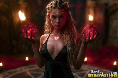 A woman in a dark dress holds red energy in her hands under warm candlelight