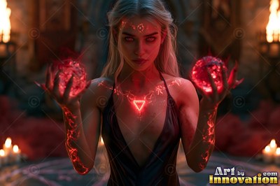Facing forward in a dim chamber, a blonde woman clasps red light spheres