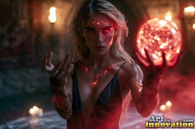 A blonde woman in a black gown holds a bright red ball of fire in a stone area