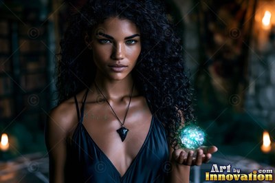 In a dim room, a dark-haired woman holds a bright green ball of light
