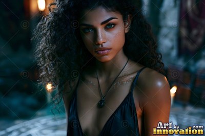 Looking forward, a curly-haired woman in a dark dress sits by warm candlelight
