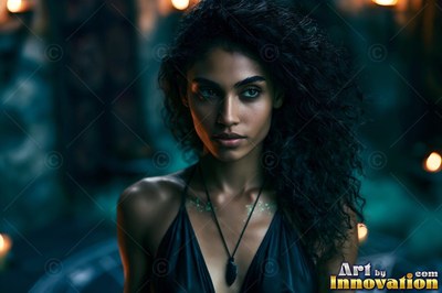 Curly-haired woman dressed in a black top standing in dim candlelight