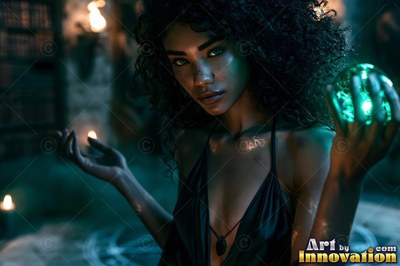 A dark silk dress on a curly-haired woman holding a green crystal in a shadowy library