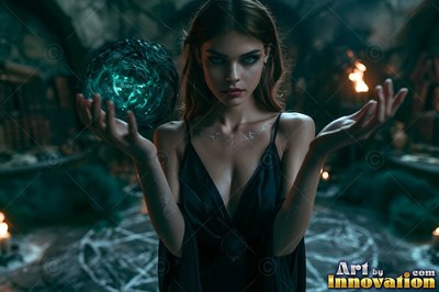 A young woman clasps a dark green sphere above her hands in dim candlelight
