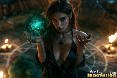 Kneeling in a dark candlelit room, a woman clasps a bright green flame