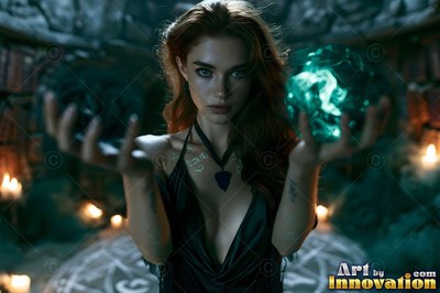 A dark-haired woman in a black dress bears a bright green crystal ball in a dark room