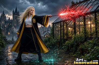 Sorceress with a brass badger crest on her robe carrying a lantern through a night garden of glowing mushrooms