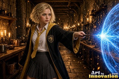 A young sorceress in canary yellow and black robes casts a spell with her wand inside the wizard academy castle
