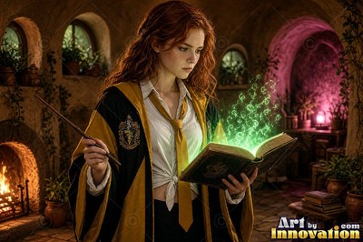Acolyte of the House of the Badgers stirring a glowing potion over an iron cauldron in the castle greenhouse
