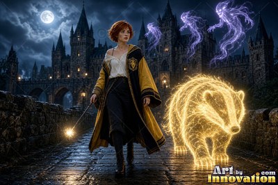 Young woman in a black and gold academy robe walking the castle bridge beside a guardian badger made of light
