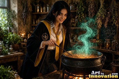 Sorceress with a brass badger crest on her robe carrying a lantern through a night garden of glowing mushrooms
