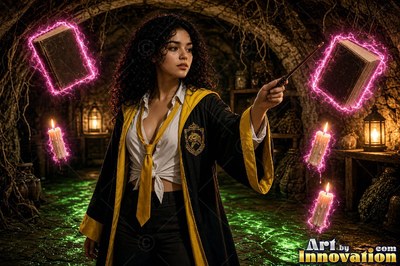 A young sorceress in canary yellow and black robes casts a spell with her wand inside the wizard academy castle