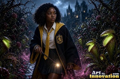 Young woman in a black and gold academy robe walking the castle bridge beside a guardian badger made of light