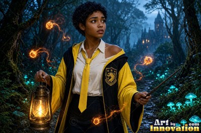 Sorceress with a brass badger crest on her robe carrying a lantern through a night garden of glowing mushrooms