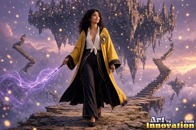 A young sorceress in canary yellow and black robes casts a spell with her wand inside the wizard academy castle