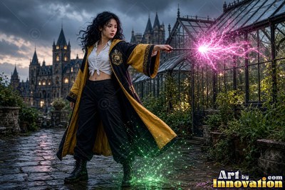 Acolyte of the House of the Badgers stirring a glowing potion over an iron cauldron in the castle greenhouse