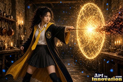 Young woman in a black and gold academy robe walking the castle bridge beside a guardian badger made of light