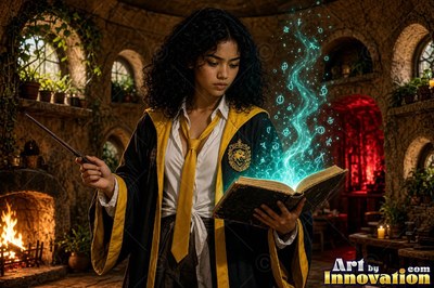 Sorceress with a brass badger crest on her robe carrying a lantern through a night garden of glowing mushrooms