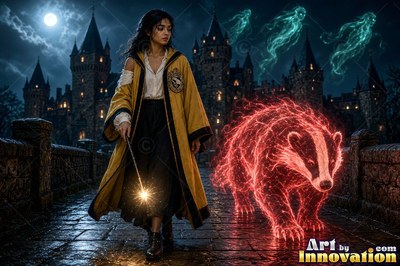 A young sorceress in canary yellow and black robes casts a spell with her wand inside the wizard academy castle
