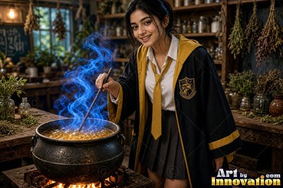 Acolyte of the House of the Badgers stirring a glowing potion over an iron cauldron in the castle greenhouse