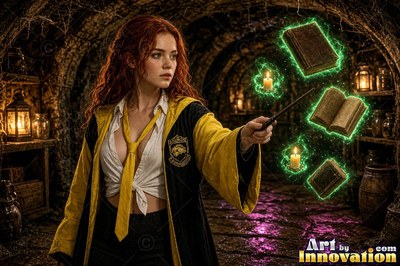 Young woman in a black and gold academy robe walking the castle bridge beside a guardian badger made of light