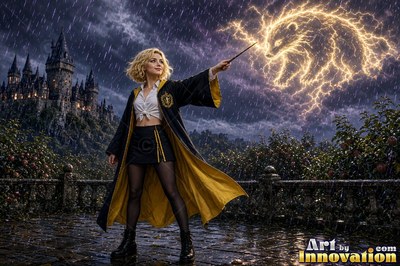 Sorceress with a brass badger crest on her robe carrying a lantern through a night garden of glowing mushrooms