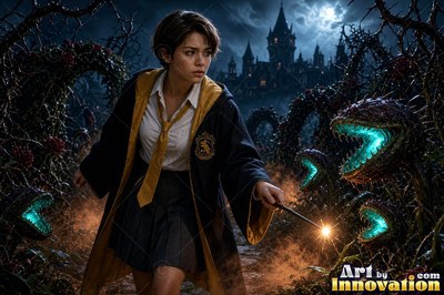 A young sorceress in canary yellow and black robes casts a spell with her wand inside the wizard academy castle