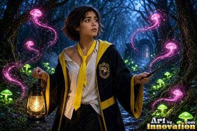 Acolyte of the House of the Badgers stirring a glowing potion over an iron cauldron in the castle greenhouse