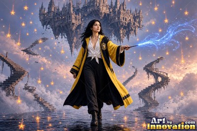 Young woman in a black and gold academy robe walking the castle bridge beside a guardian badger made of light